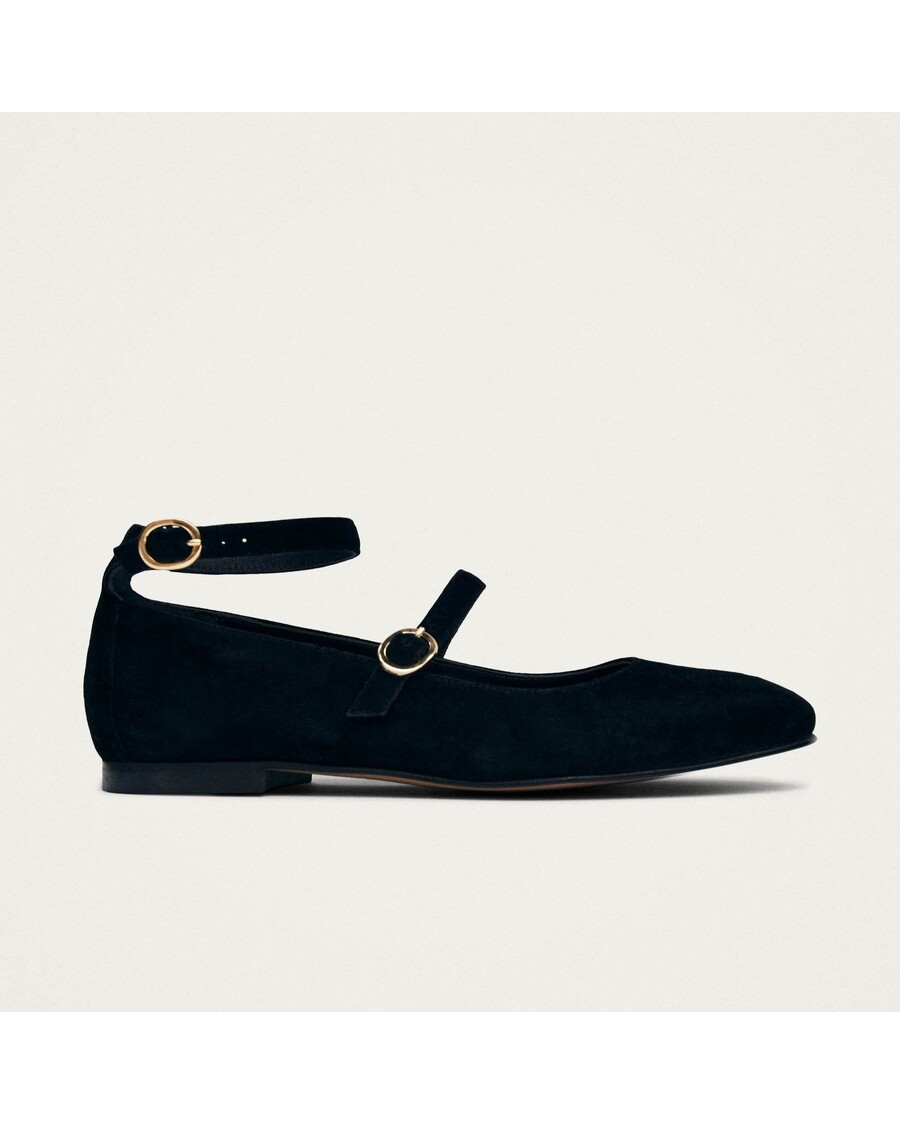 Alohas Evelyn Suede Black Leather Ballet Flats