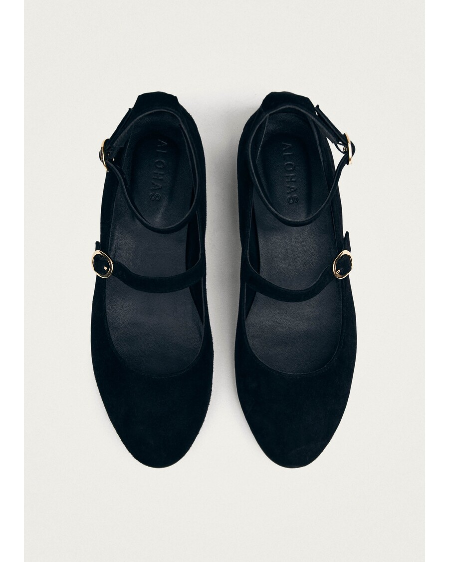 Alohas Evelyn Suede Black Leather Ballet Flats