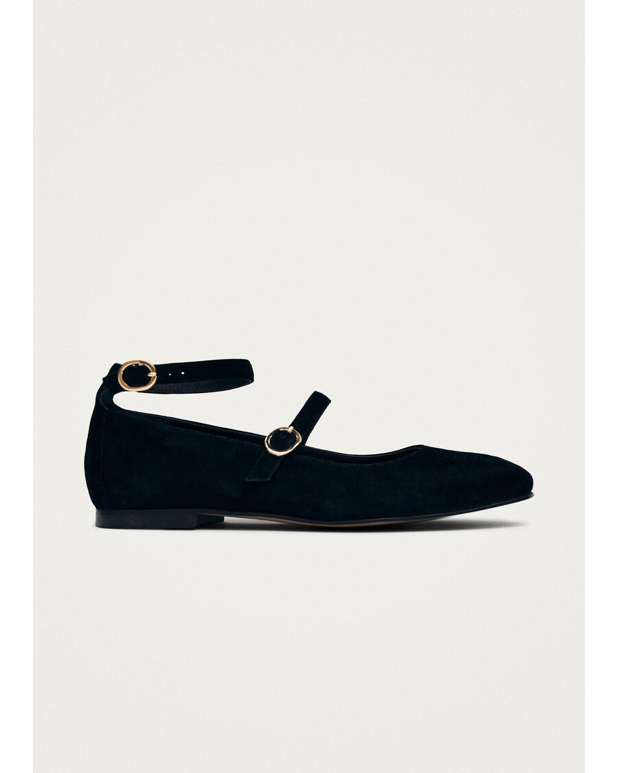 Alohas Evelyn Suede Black Leather Ballet Flats