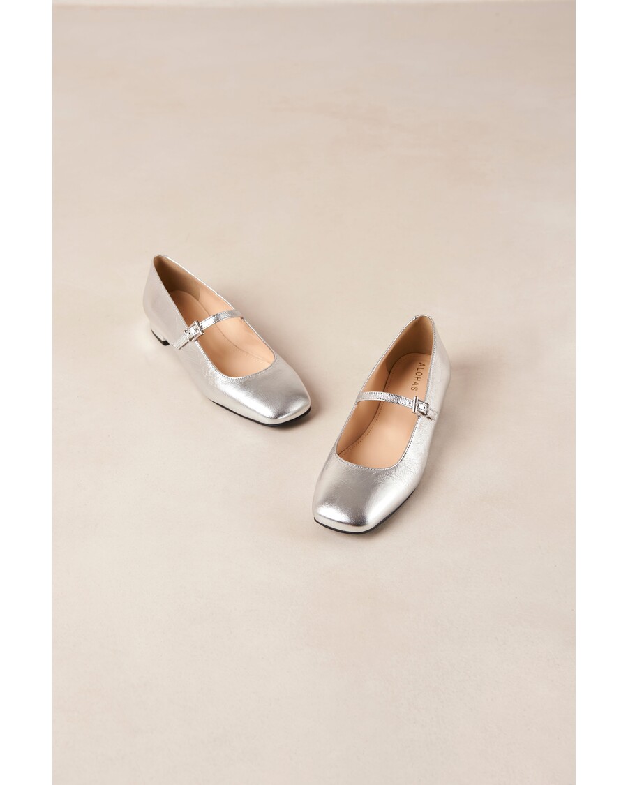 Alohas Por Do Sol Svetleče Srebrne Usnjene Balerinke