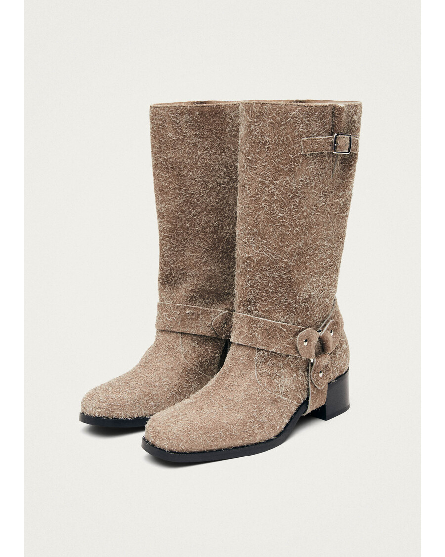 Alohas Rocky Suede Fuzzy Beige Leather Boots
