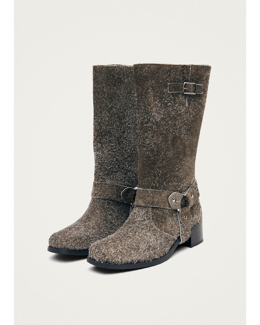 Alohas Rocky Suede Fuzzy Khaki Leather Boots