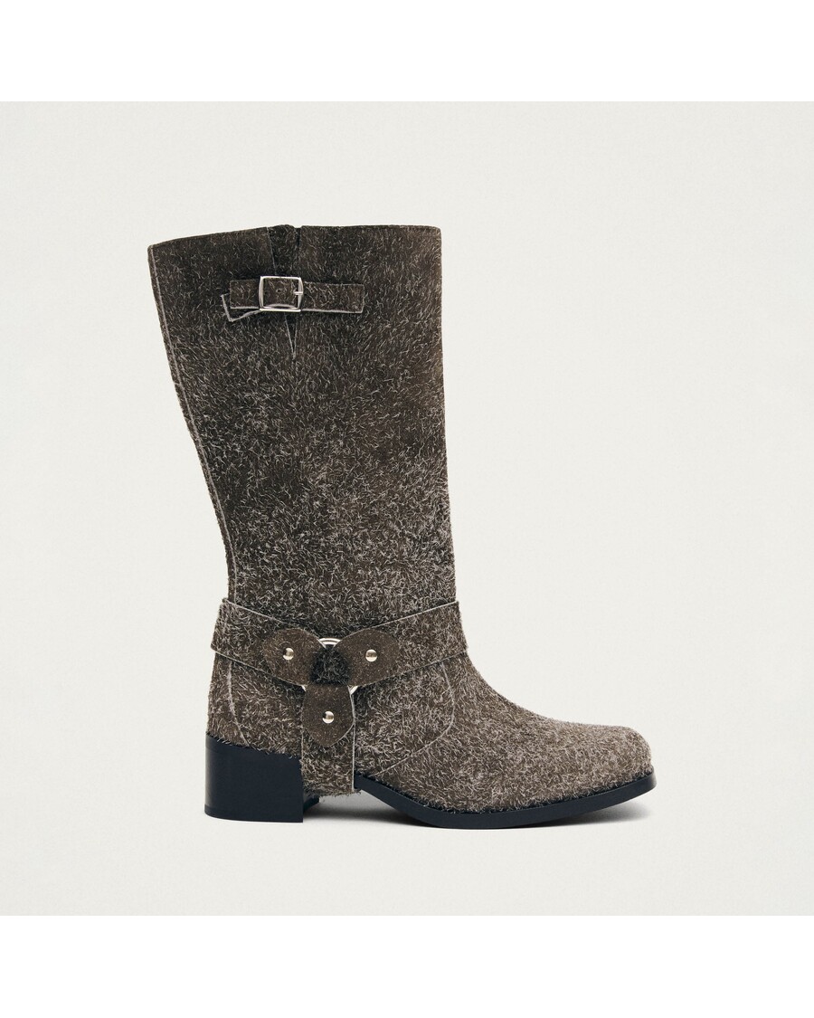 Alohas Rocky Suede Fuzzy Khaki Leather Boots