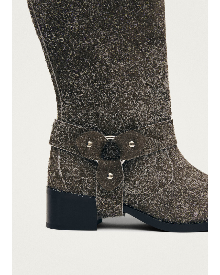 Alohas Rocky Suede Fuzzy Khaki Leather Boots