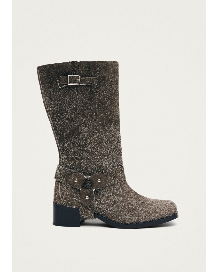 Alohas Rocky Suede Fuzzy Khaki Leather Boots